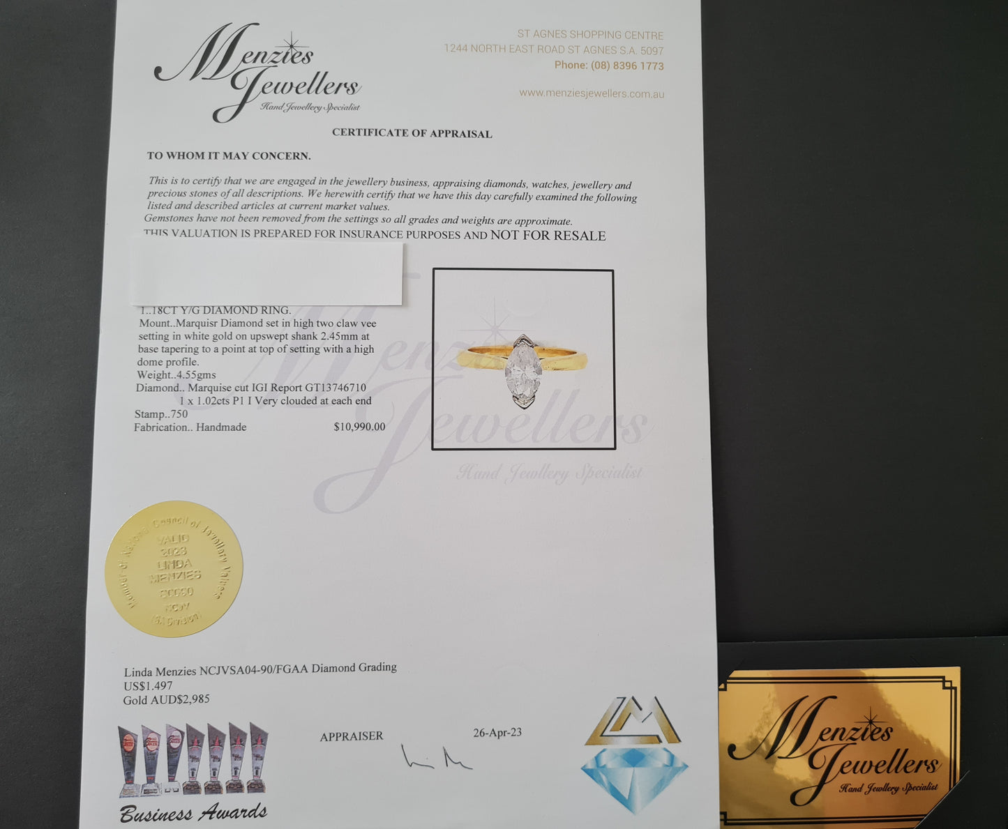 Valuation $10,990 - 1.02ct Marquise Diamond Ring, 18ct Gold - Size M 1/2