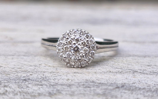 9ct White Gold Modern Diamond Halo Ring - Size O *Scrap Price*