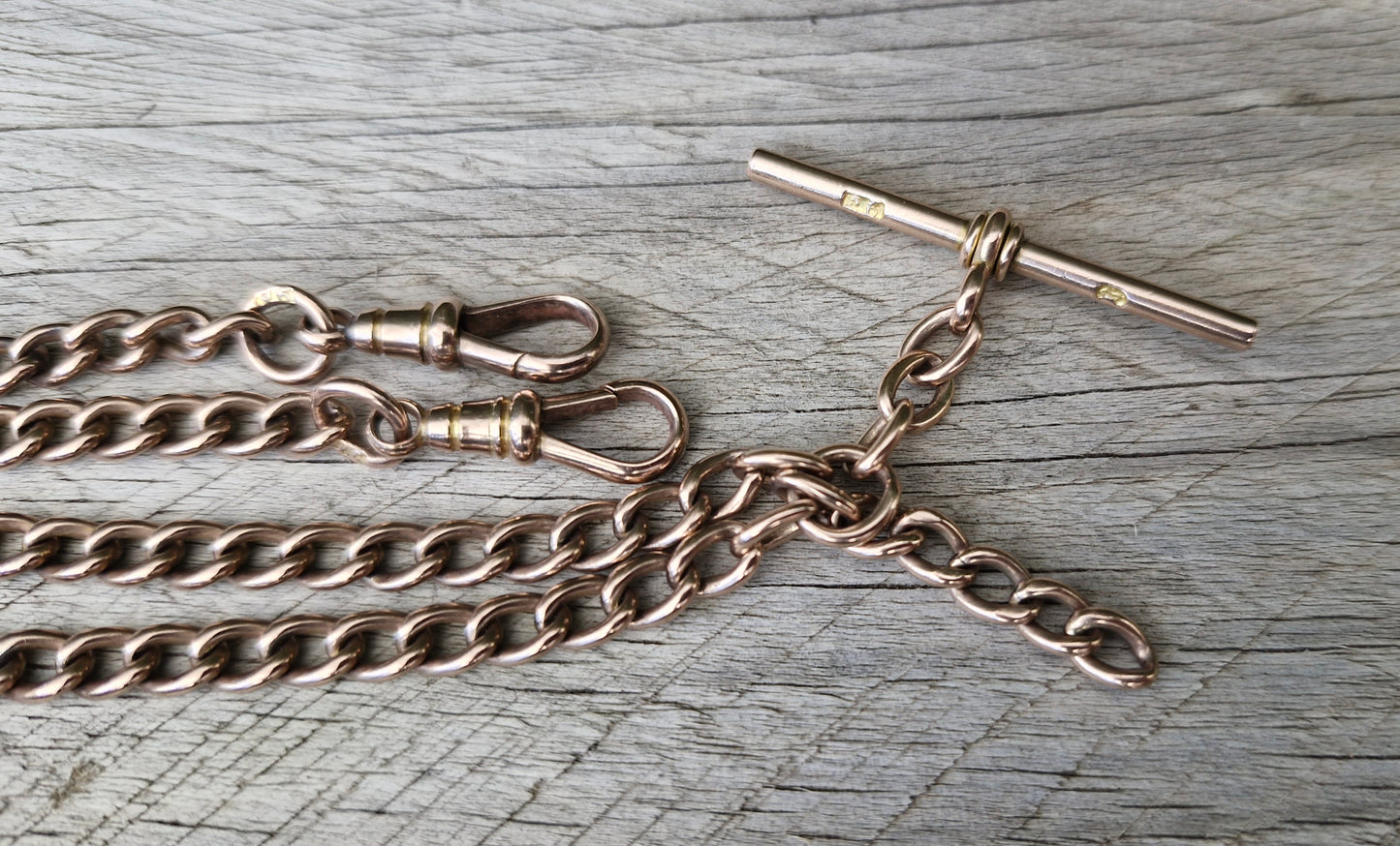 Antique Rosy Gold Necklace, 42cms with Albert Clips & T-Bar - 26.35g