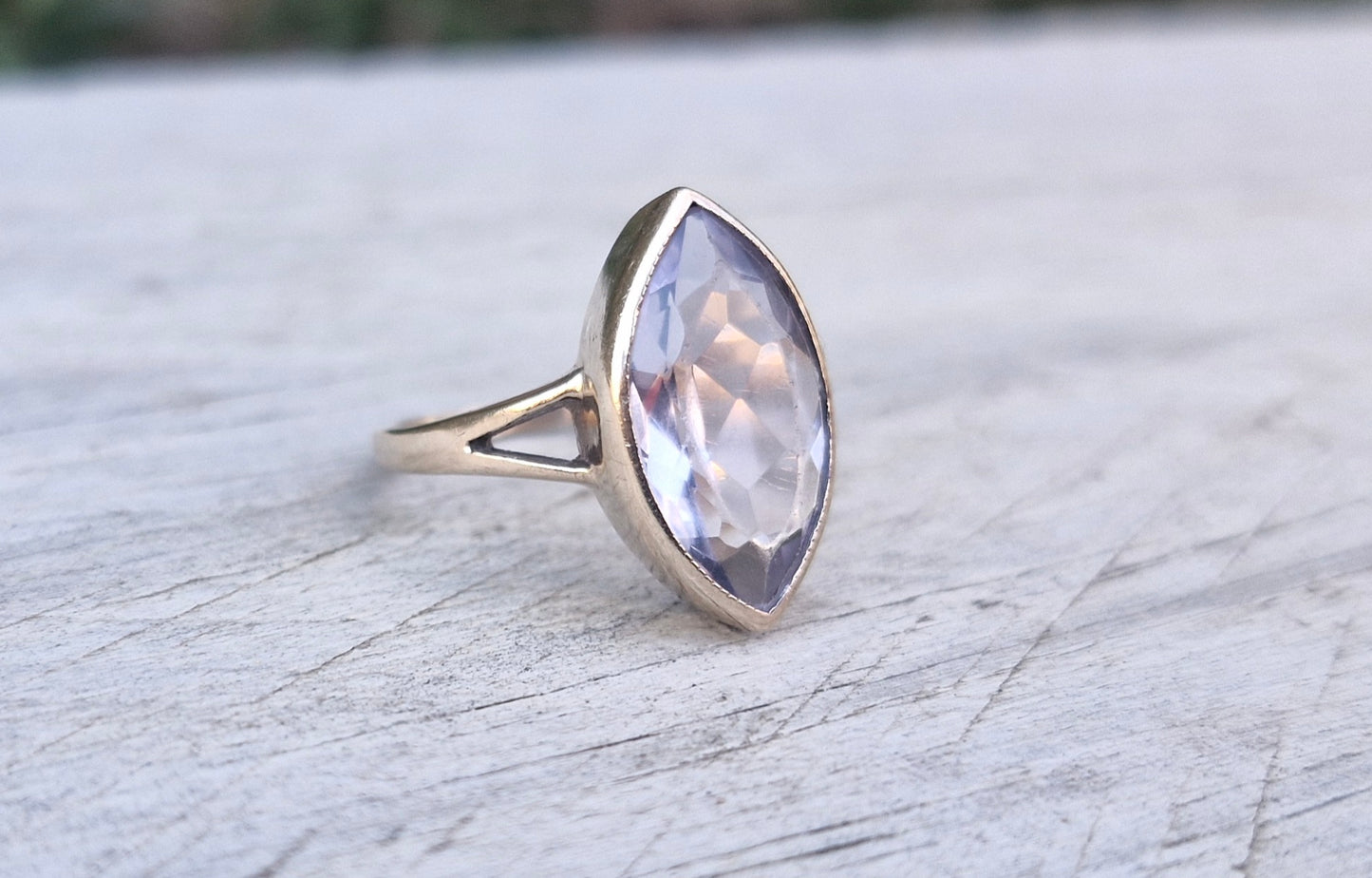 Vintage 9ct Rose Gold, Navette Lilac Stone Ring - Size M 1/2