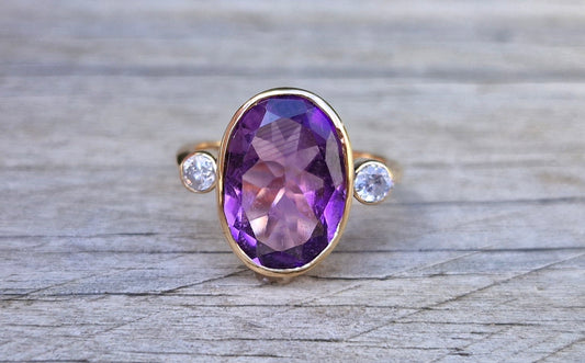 Fabulous 14ct Gold, Natural Amethyst and Diamond Ring - Size L 1/2