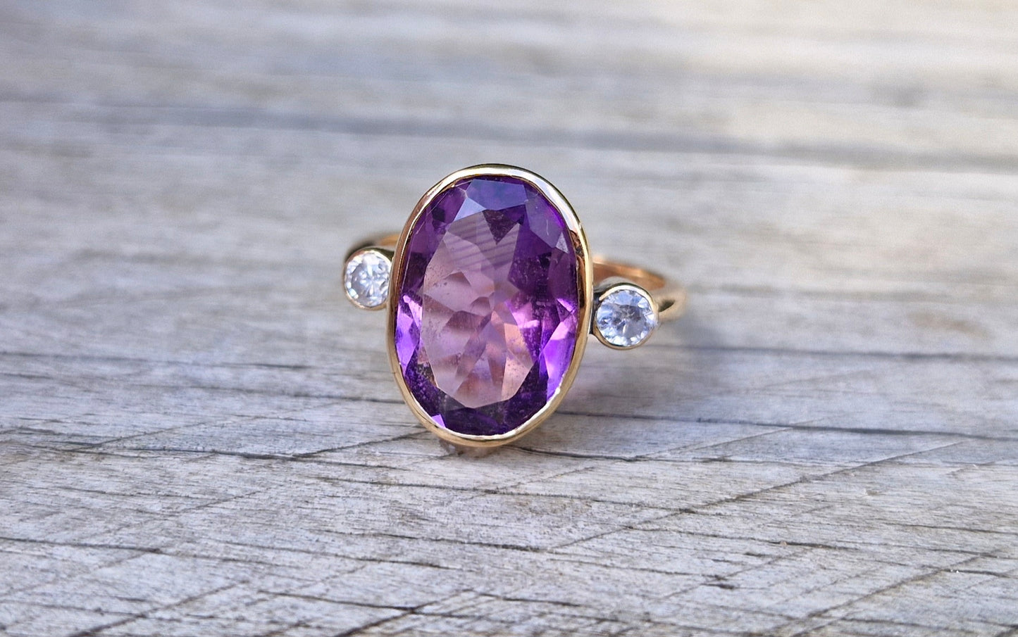 Fabulous 14ct Gold, Natural Amethyst and Diamond Ring - Size L 1/2