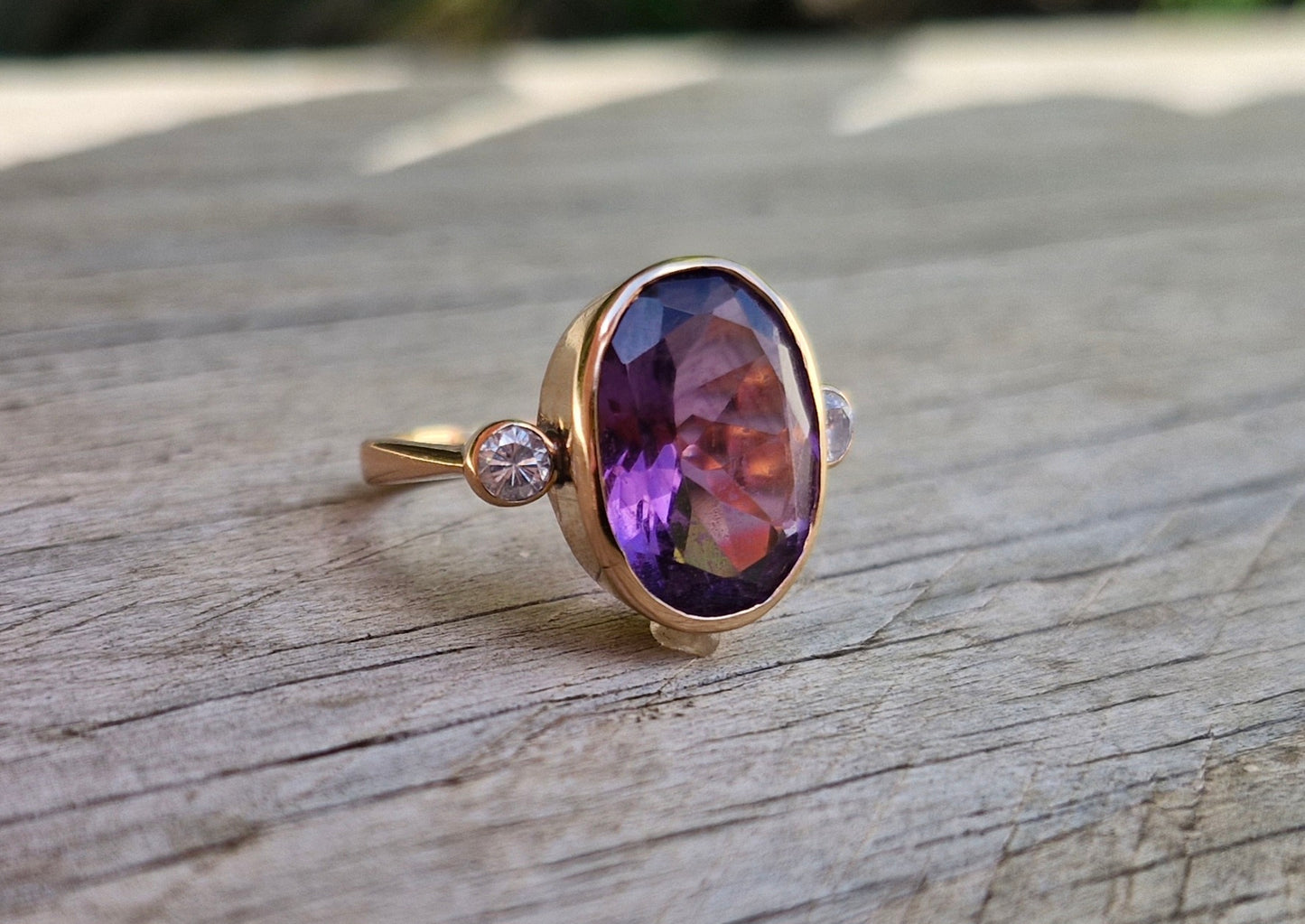 Fabulous 14ct Gold, Natural Amethyst and Diamond Ring - Size L 1/2