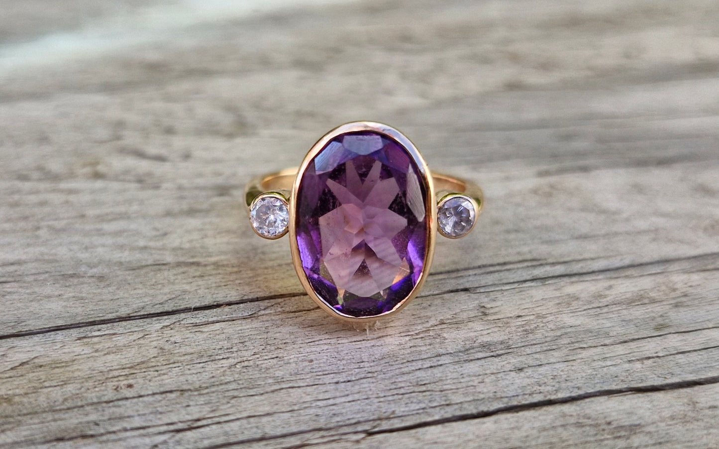 Fabulous 14ct Gold, Natural Amethyst and Diamond Ring - Size L 1/2