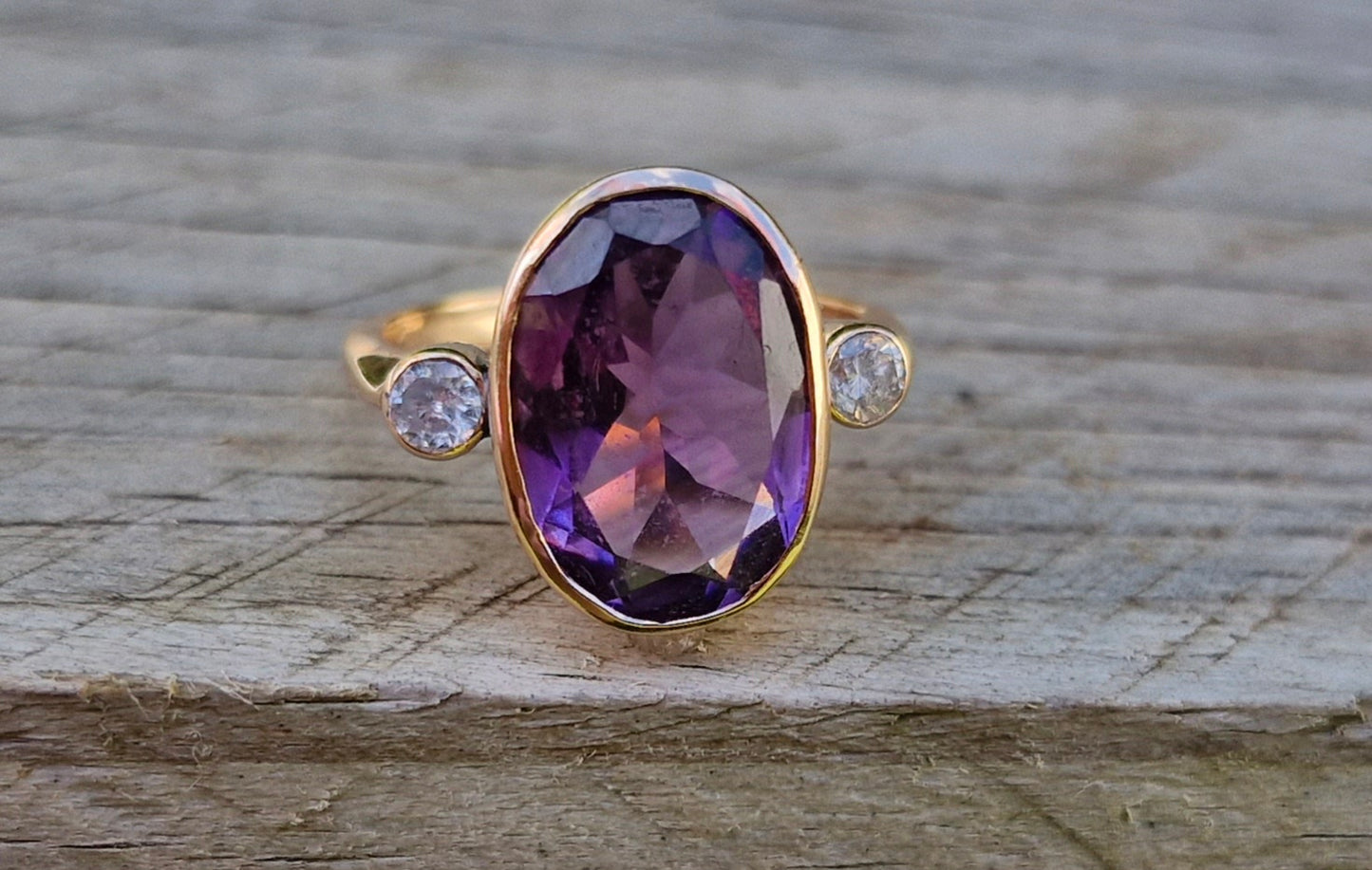 Fabulous 14ct Gold, Natural Amethyst and Diamond Ring - Size L 1/2