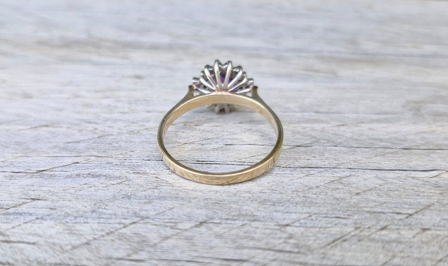 Vintage 9ct Gold Amethyst & Diamond Ring - Size R