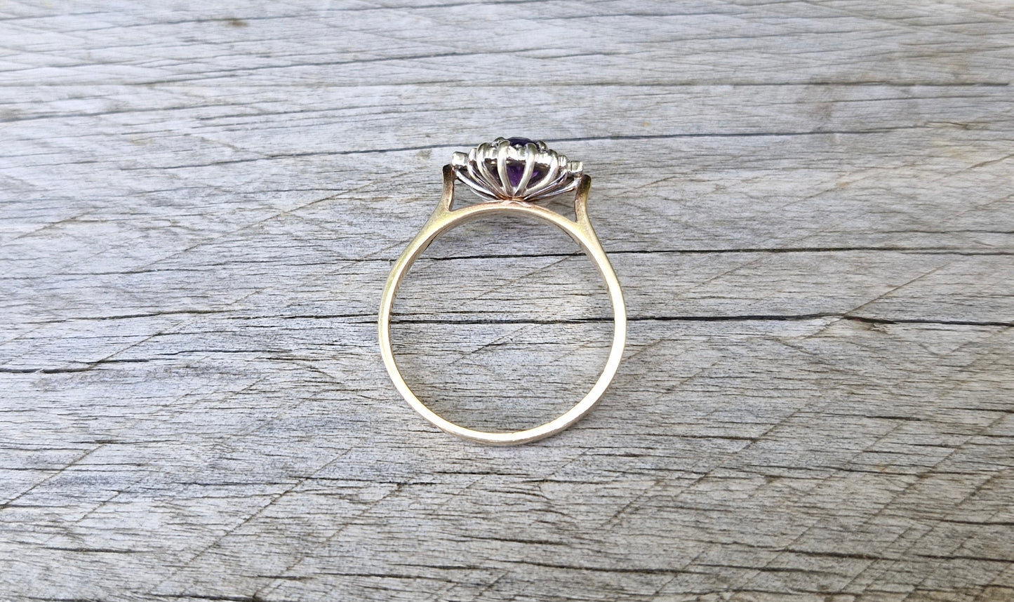 Vintage 9ct Gold Amethyst & Diamond Ring - Size R