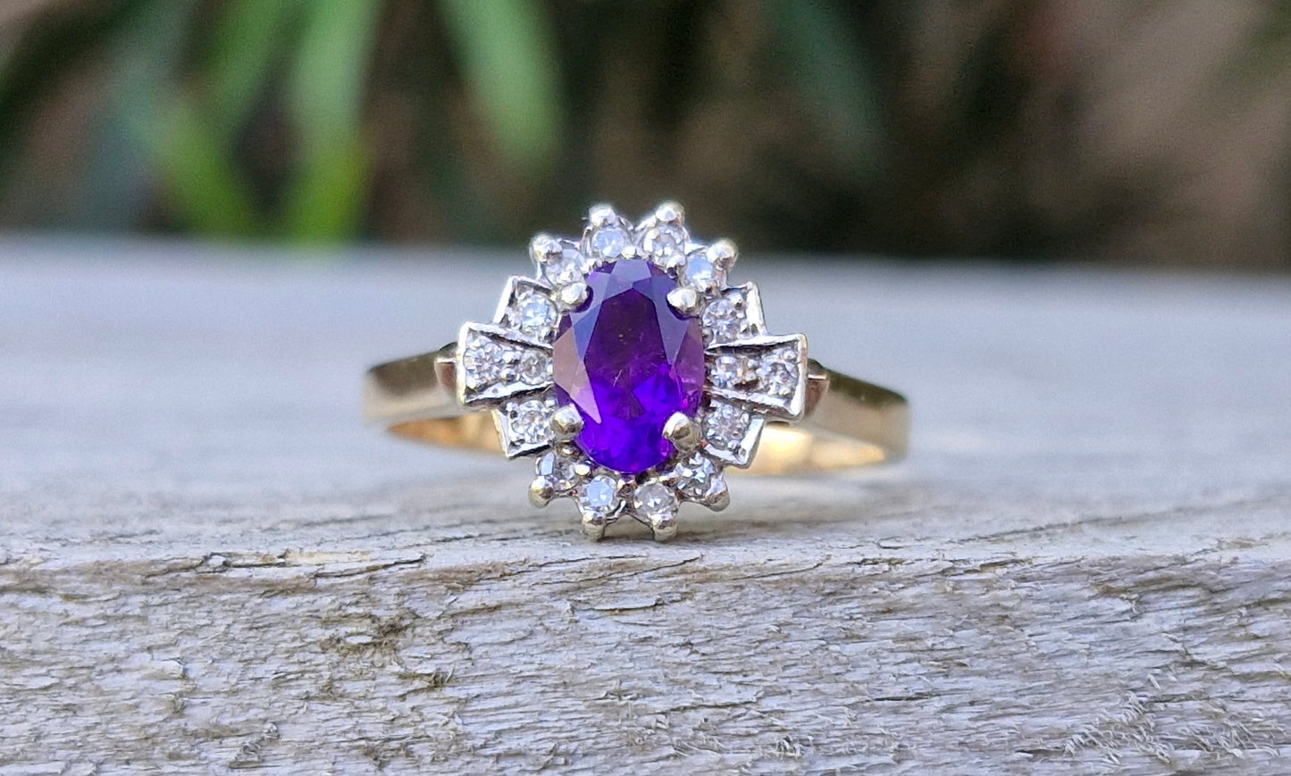 Vintage 9ct Gold Amethyst & Diamond Ring - Size R