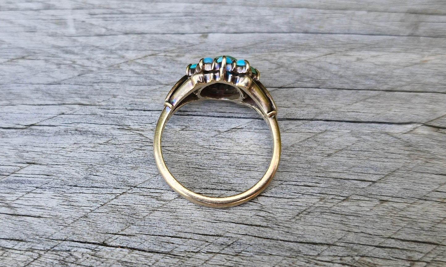 9ct Gold Vintage Turquoise Daisy Ring - Size N