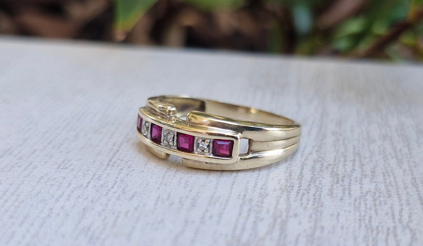 9ct Yellow Gold, Diamond & Created Ruby Ring - Size M 1/2
