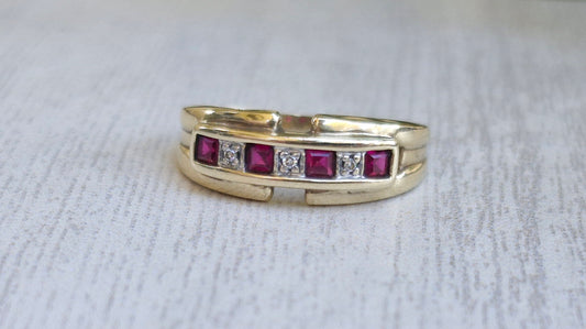 9ct Yellow Gold, Diamond & Created Ruby Ring - Size M 1/2