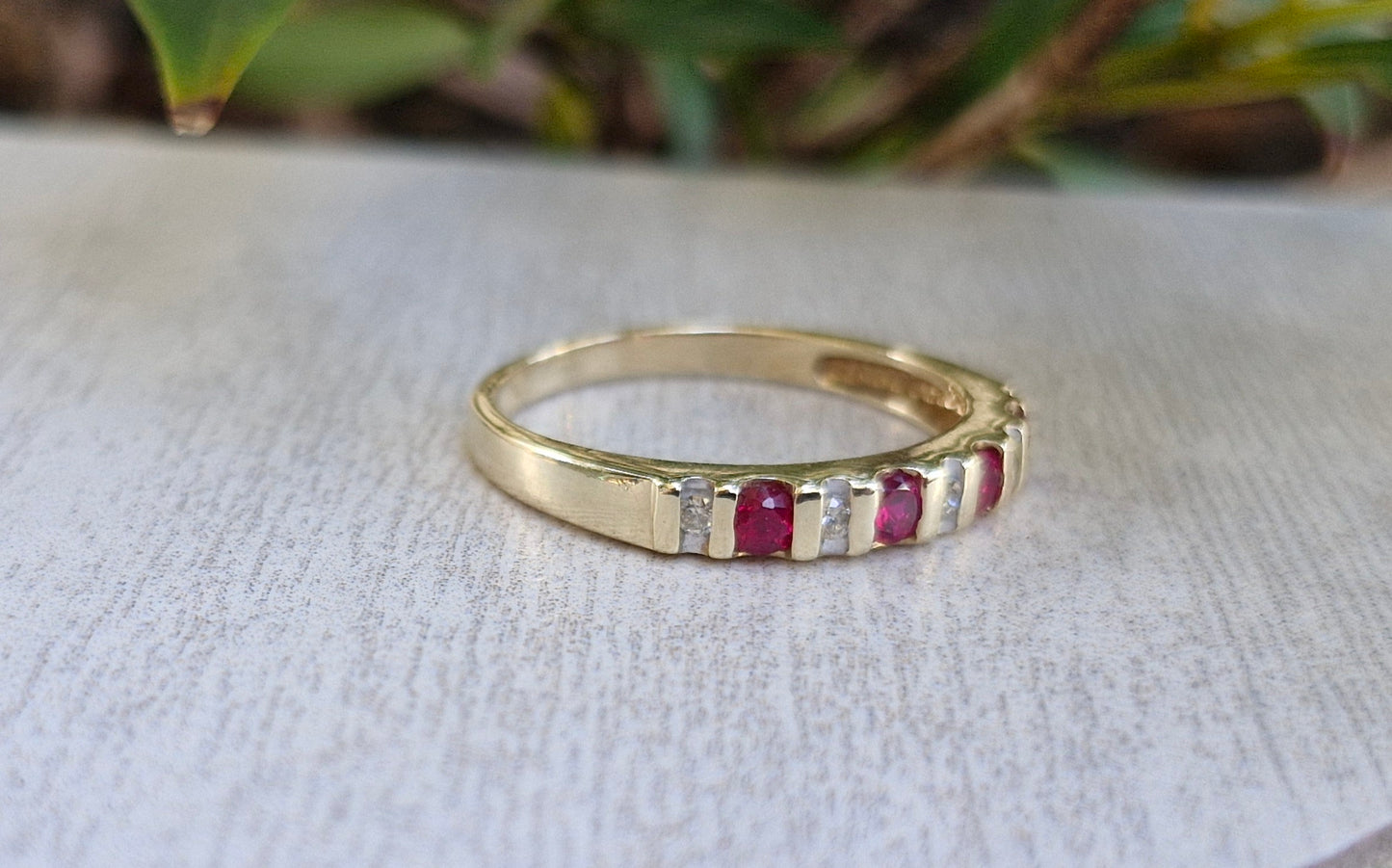 Cherry Red Created Rubies & Diamonds, 9ct Gold Band - Size O