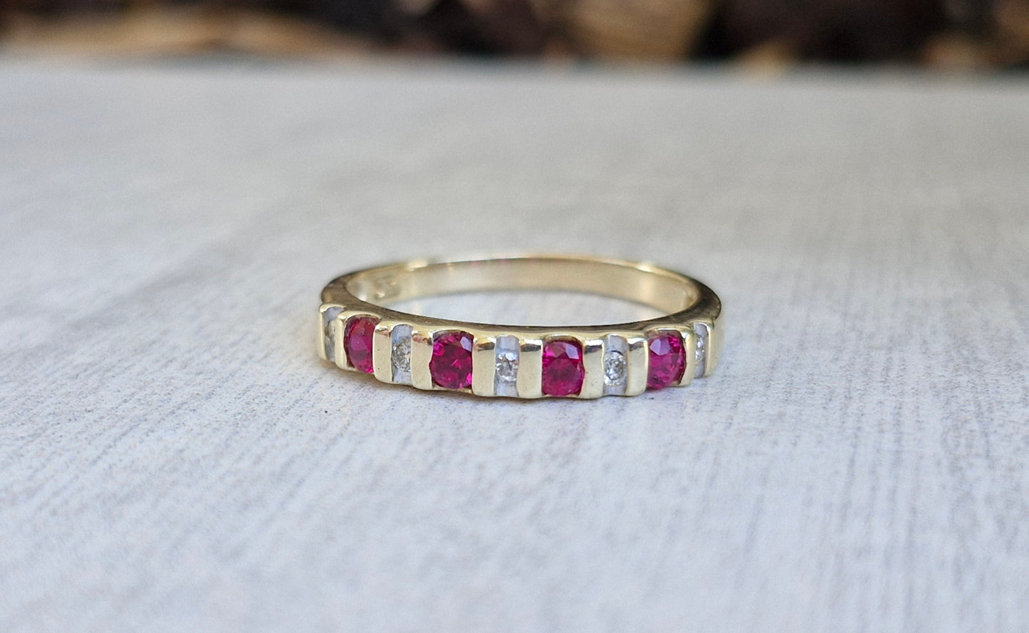 Cherry Red Created Rubies & Diamonds, 9ct Gold Band - Size O
