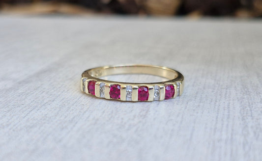 Cherry Red Created Rubies & Diamonds, 9ct Gold Band - Size O
