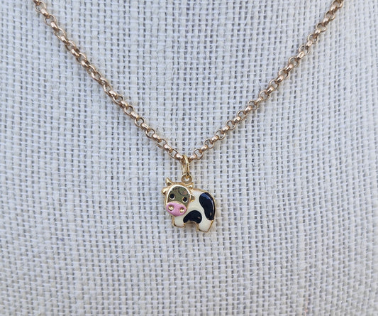 9ct Yellow Gold Enamelled Cow, Puffed Charm