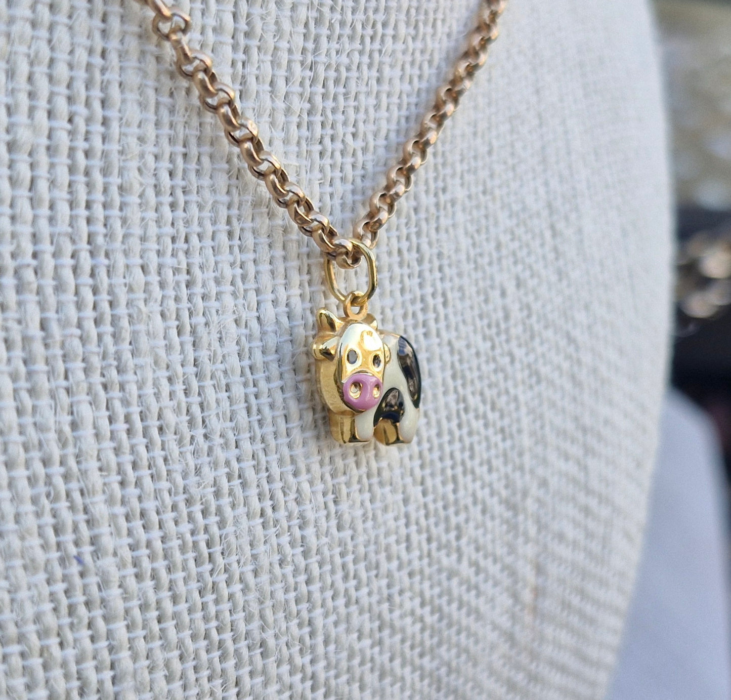9ct Yellow Gold Enamelled Cow, Puffed Charm