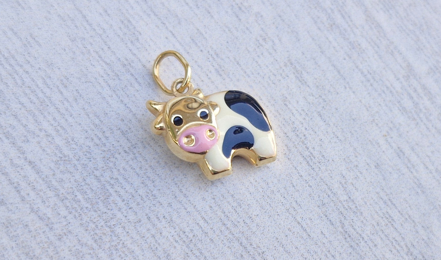 9ct Yellow Gold Enamelled Cow, Puffed Charm