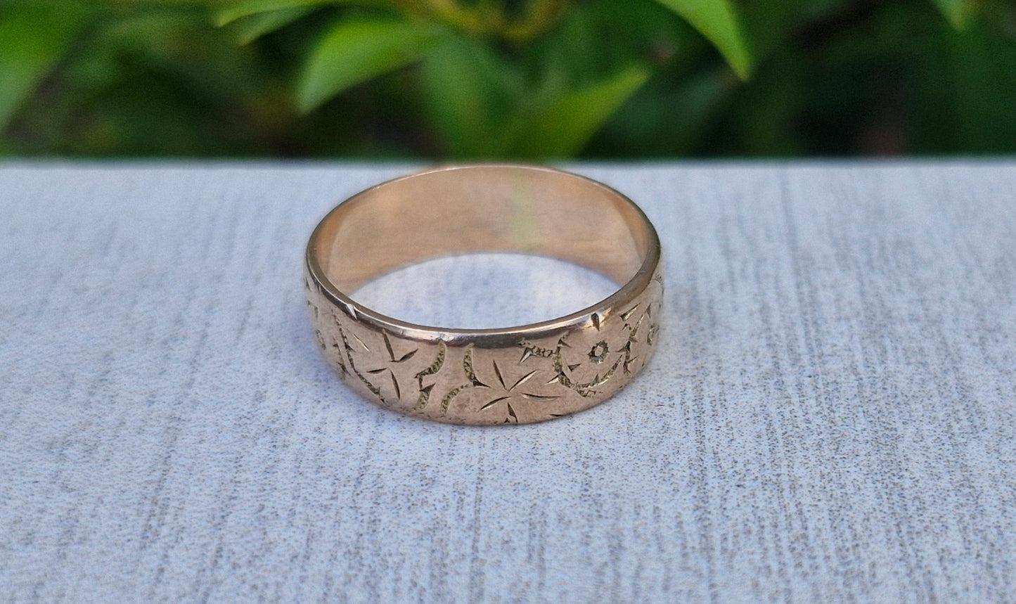 Antique 9ct Rose Gold, Eternity Engraved Pattern - Size M 1/2