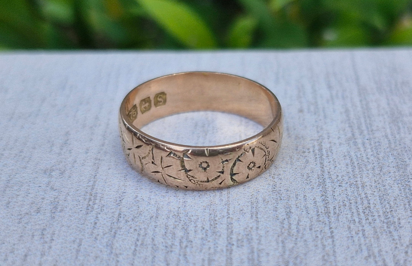 Antique 9ct Rose Gold, Eternity Engraved Pattern - Size M 1/2