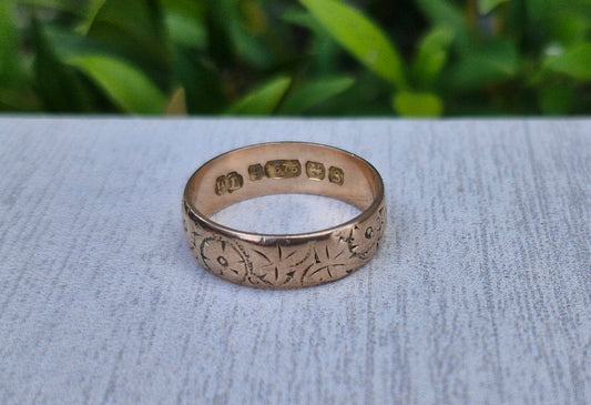 Antique 9ct Rose Gold, Eternity Engraved Pattern - Size M 1/2
