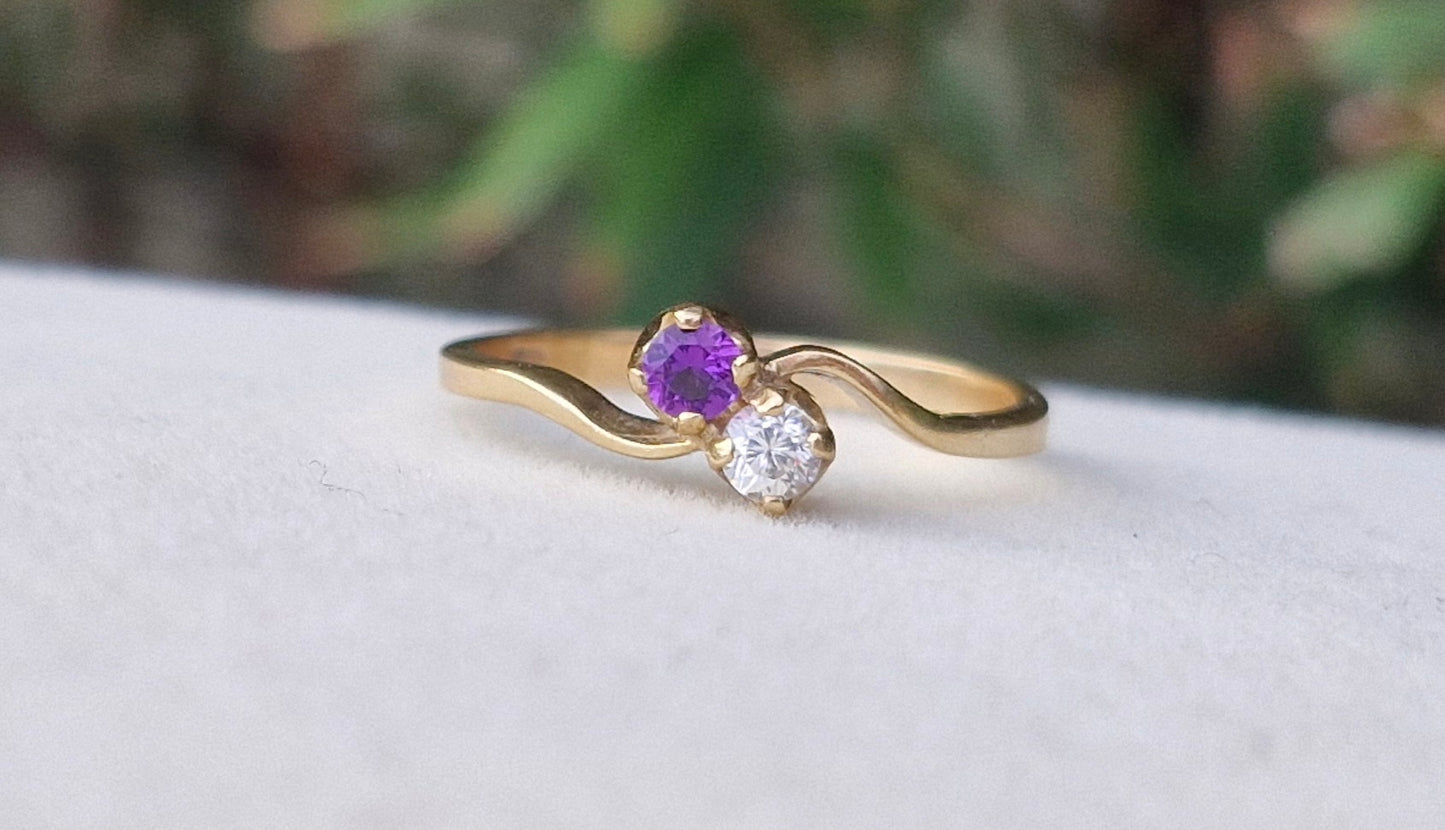 9ct Gold, Toi et Moi Amethyst & CZ Ring