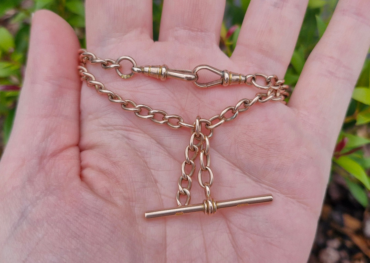 Antique Rosy Gold Necklace, 42cms with Albert Clips & T-Bar - 26.35g