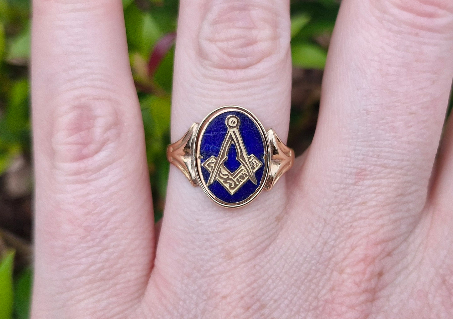 9ct Gold Rare Secret Flip Enamel Freemason Ring - Size S