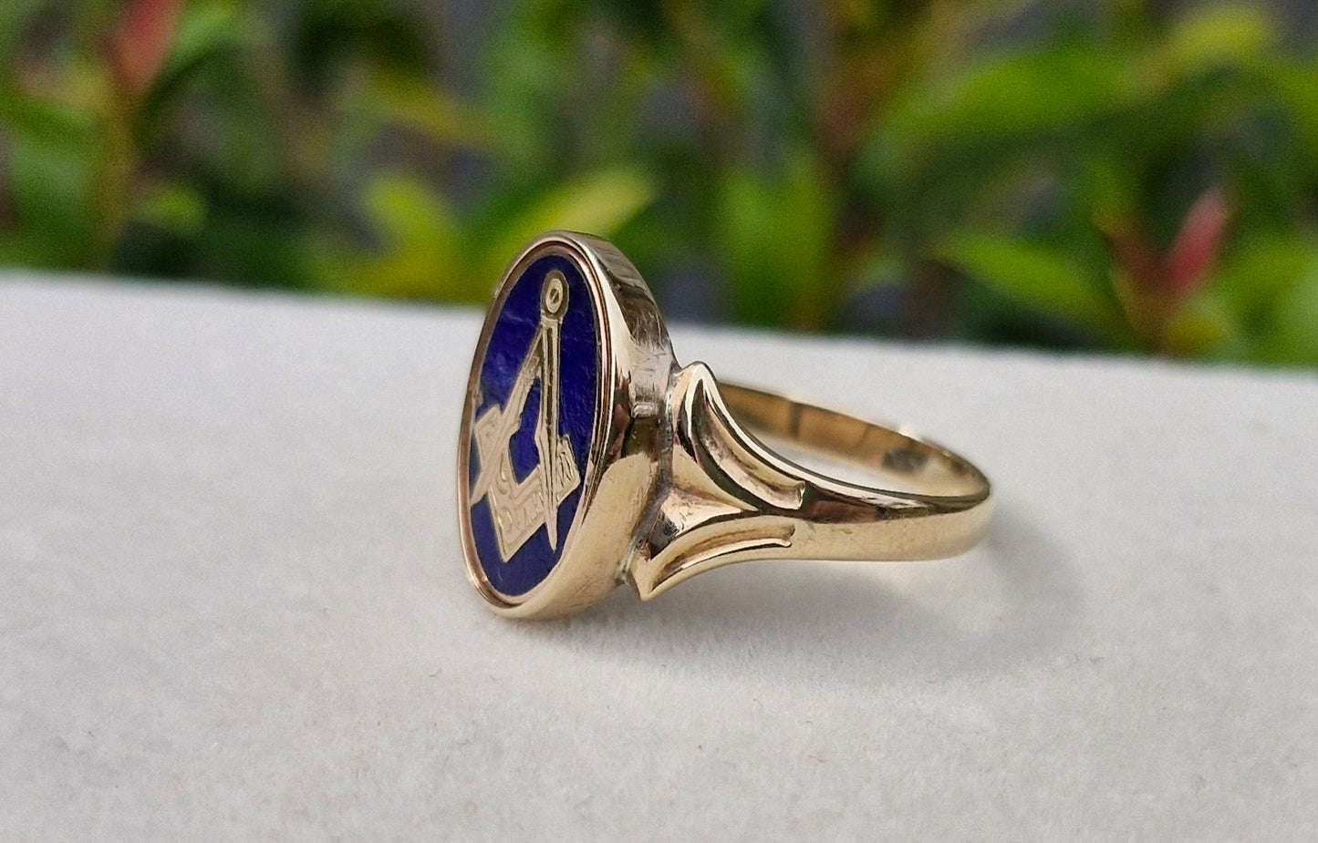 9ct Gold Rare Secret Flip Enamel Freemason Ring - Size S