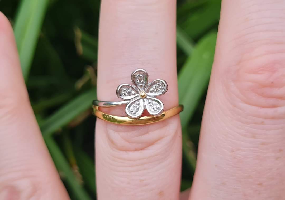 Two-tone 9ct Gold Ring, Diamond Studded Petals - Size O 1/2