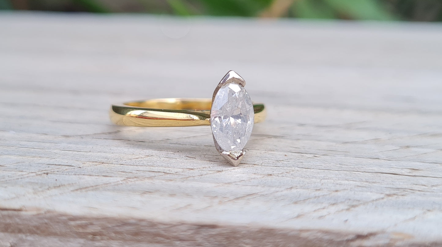 Valuation $10,990 - 1.02ct Marquise Diamond Ring, 18ct Gold - Size M 1/2