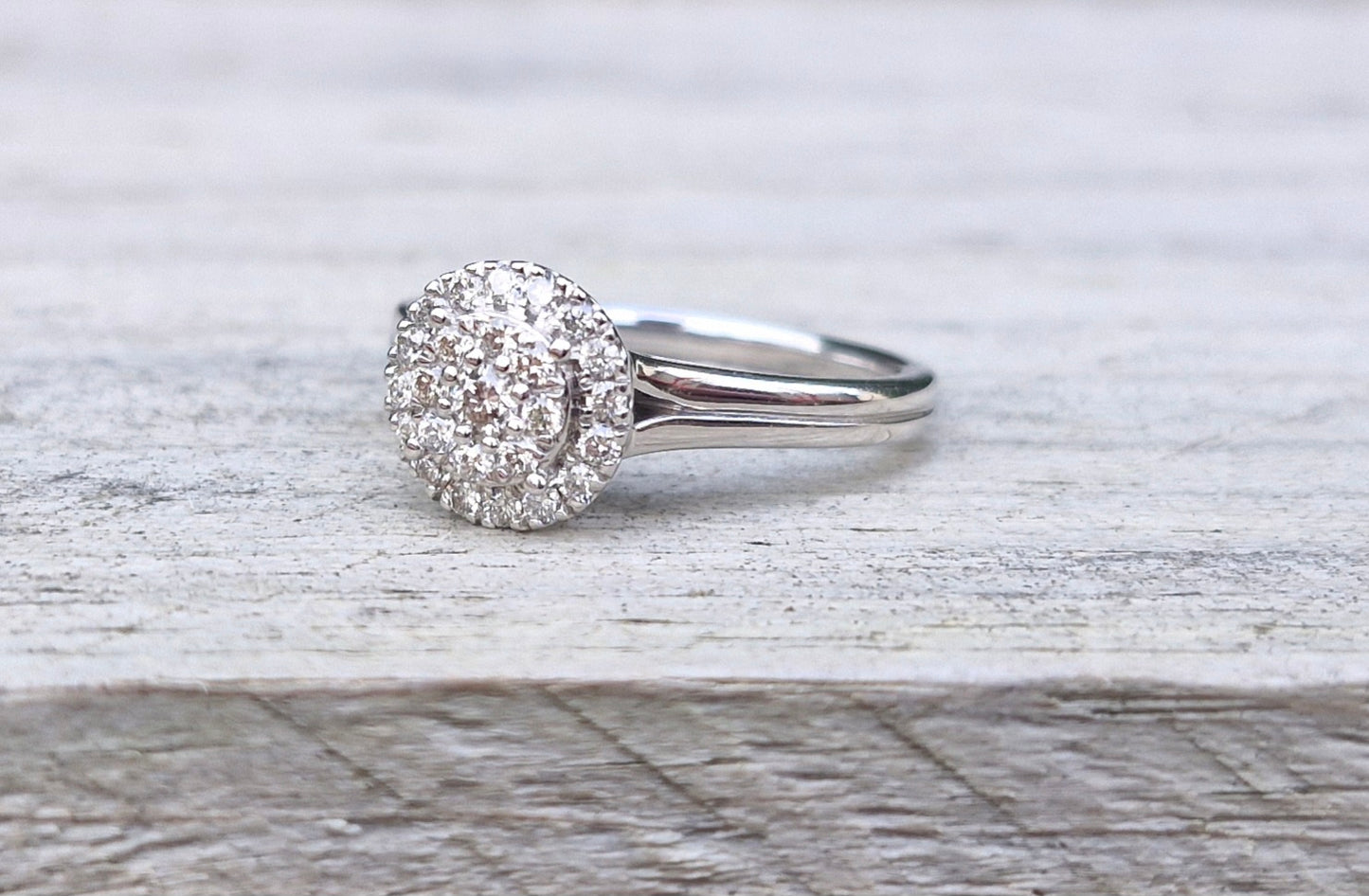 9ct White Gold Modern Diamond Halo Ring - Size O *Scrap Price*