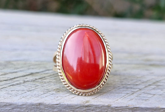 Vintage 9ct Gold Red Agate Ring - Size Q 1/2