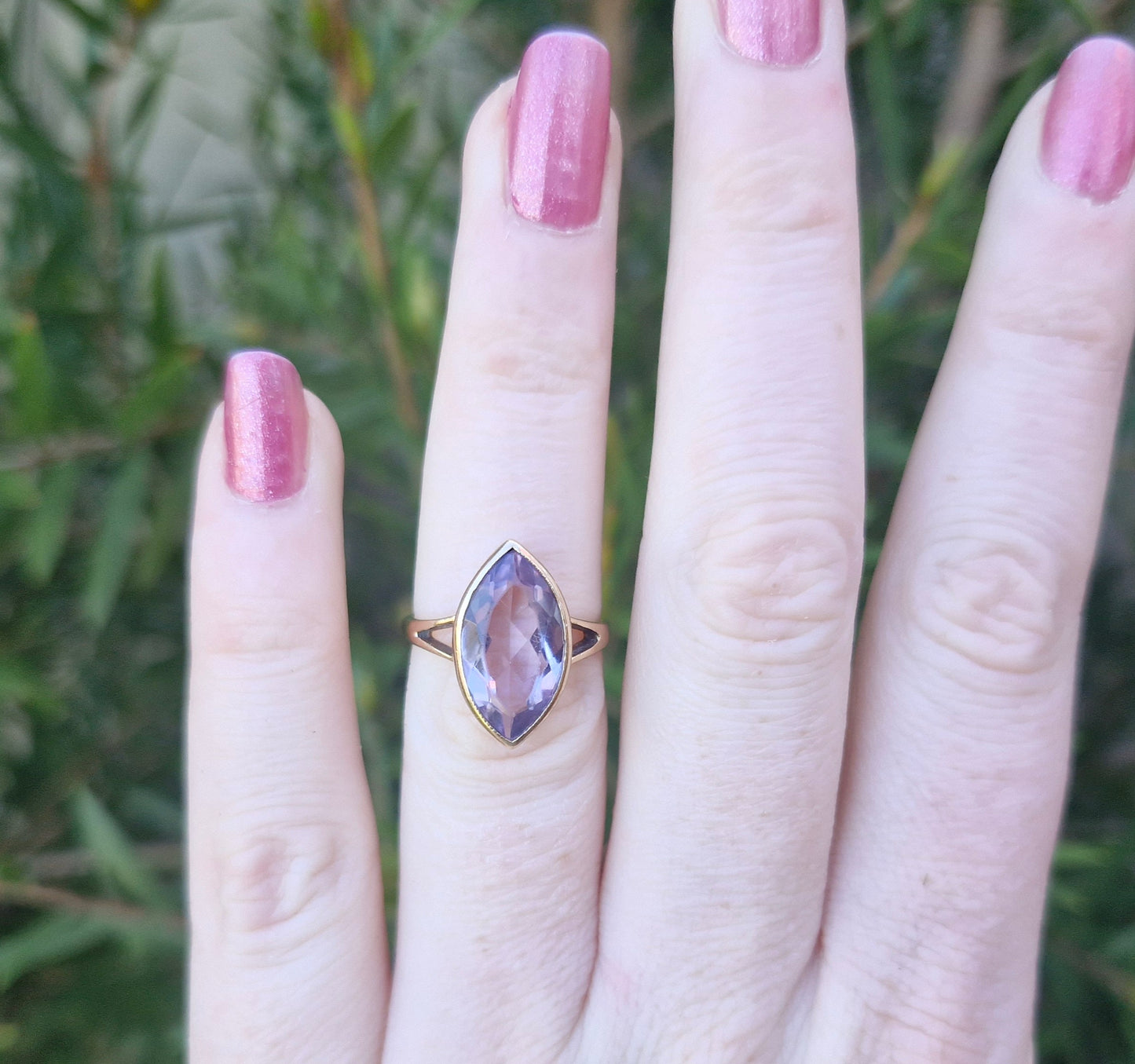 Vintage 9ct Rose Gold, Navette Lilac Stone Ring - Size M 1/2