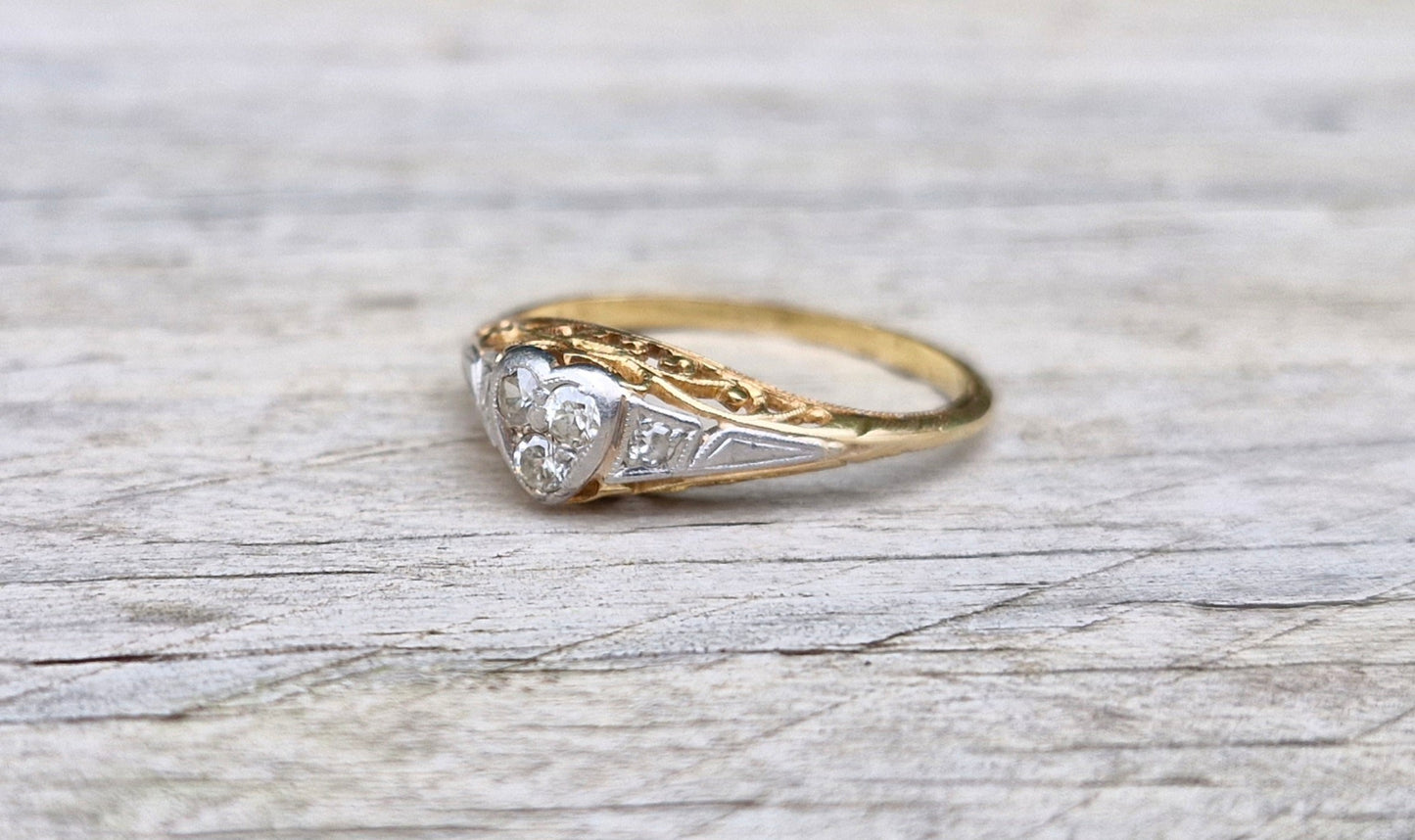 Vintage 18ct Gold Diamond Ring, Impressive Hand Engraved Shank - Size N 1/2