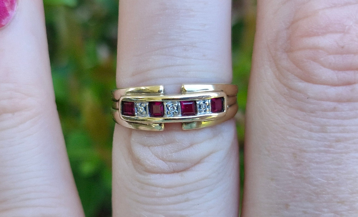 9ct Yellow Gold, Diamond & Created Ruby Ring - Size M 1/2