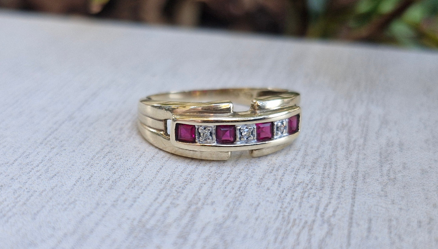 9ct Yellow Gold, Diamond & Created Ruby Ring - Size M 1/2