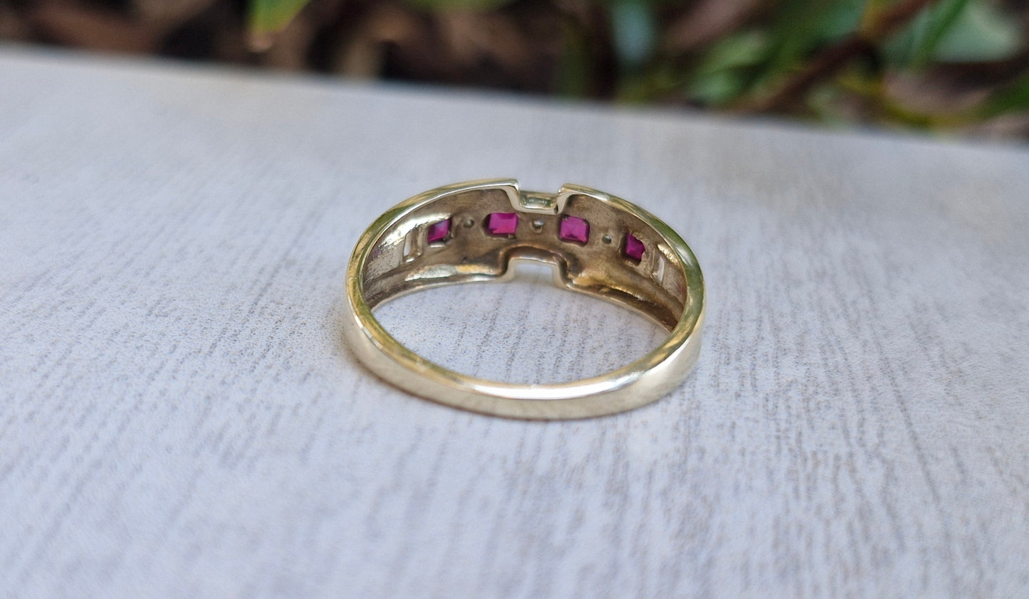 9ct Yellow Gold, Diamond & Created Ruby Ring - Size M 1/2