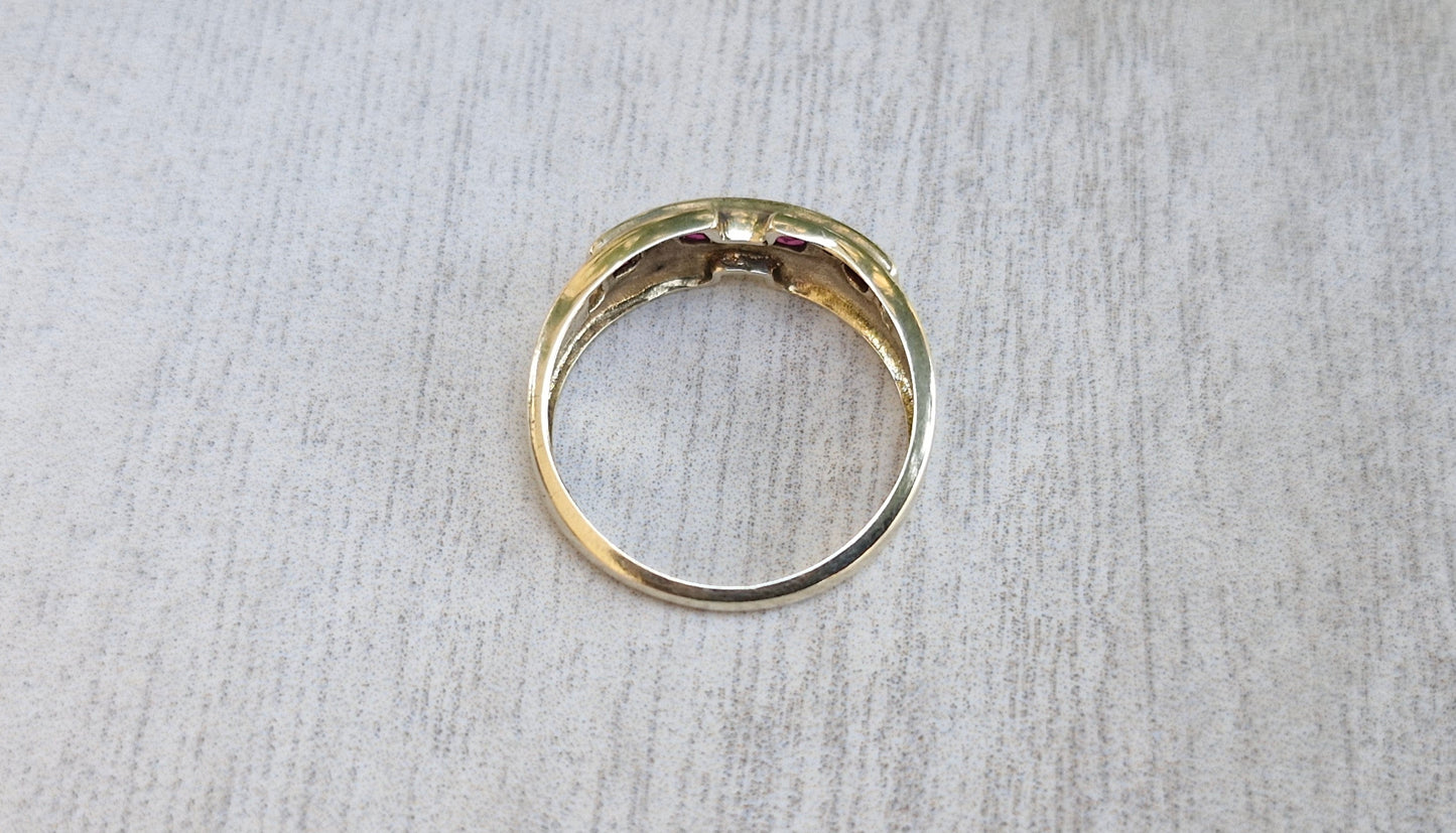 9ct Yellow Gold, Diamond & Created Ruby Ring - Size M 1/2