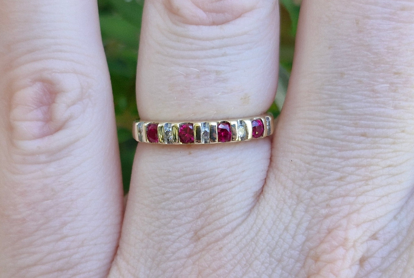 Cherry Red Created Rubies & Diamonds, 9ct Gold Band - Size O