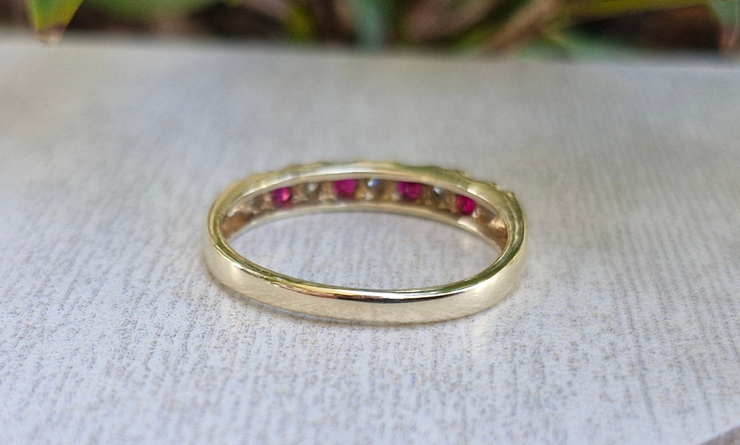 Cherry Red Created Rubies & Diamonds, 9ct Gold Band - Size O