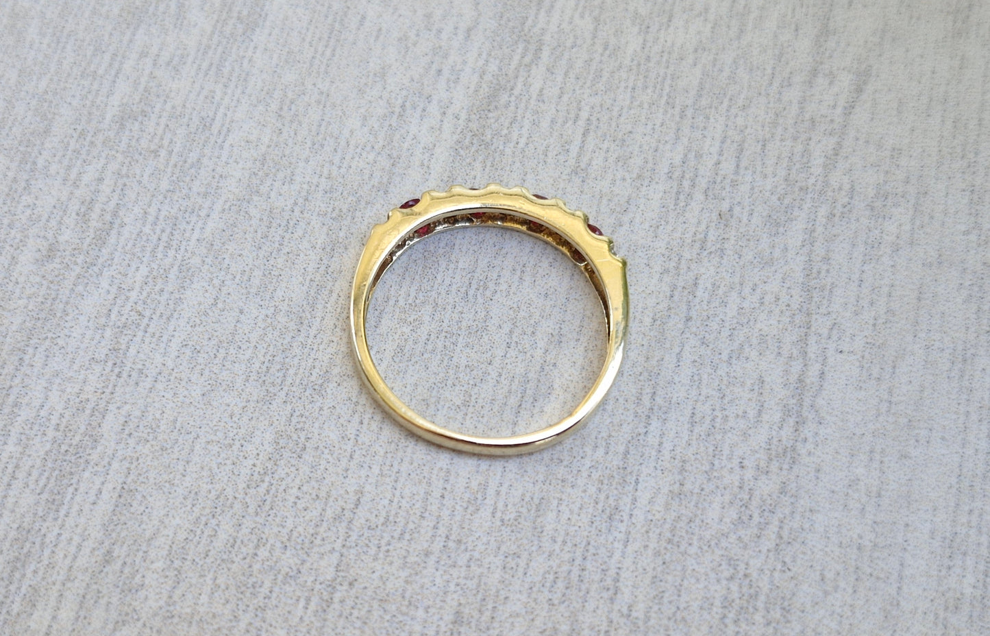 Cherry Red Created Rubies & Diamonds, 9ct Gold Band - Size O