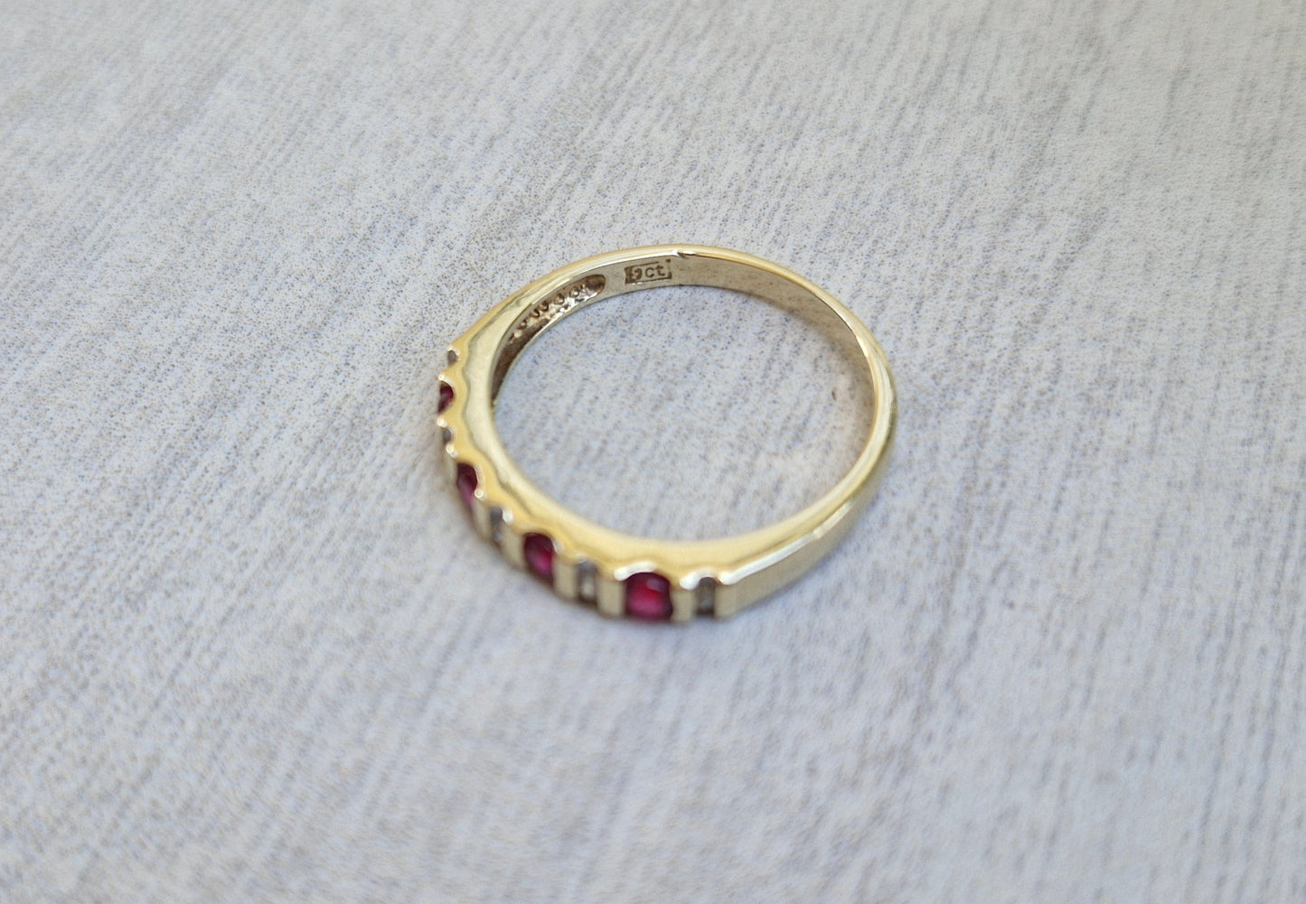 Cherry Red Created Rubies & Diamonds, 9ct Gold Band - Size O