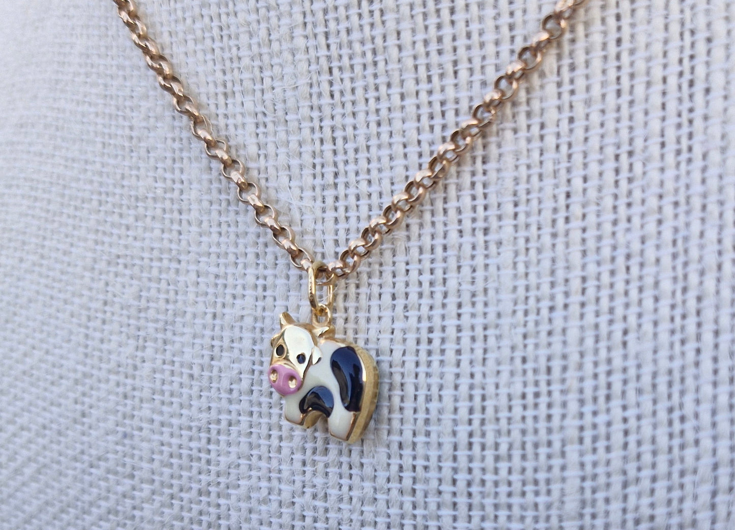 9ct Yellow Gold Enamelled Cow, Puffed Charm