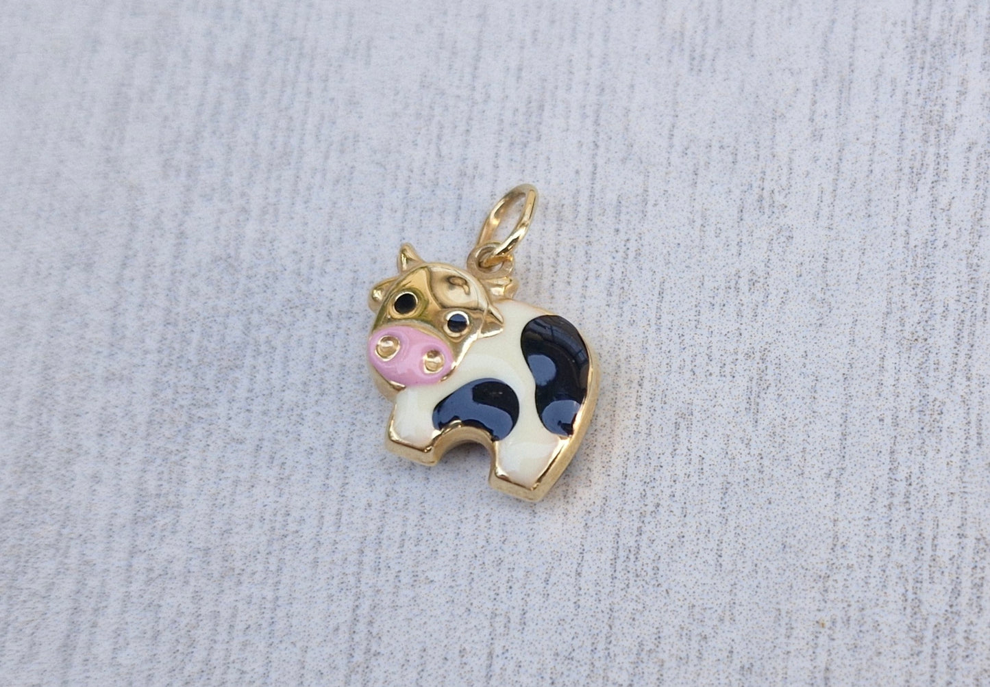 9ct Yellow Gold Enamelled Cow, Puffed Charm
