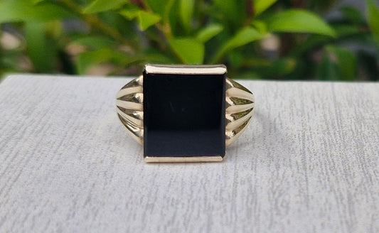 9ct Gold Vintage Men's Onyx Ring - Size V