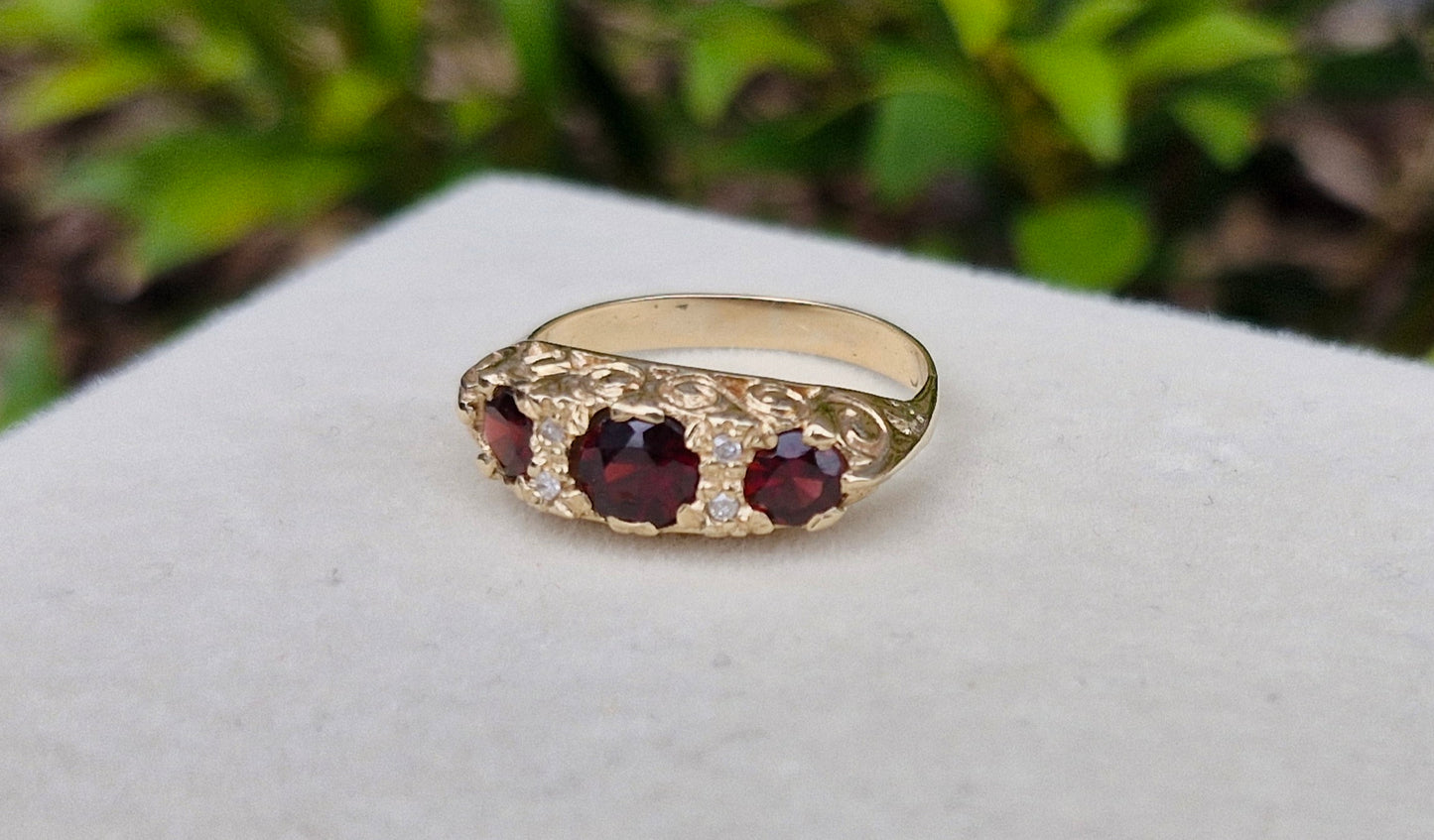 Garnet and Diamond Vintage Ring, 9ct Gold - Size N 1/2