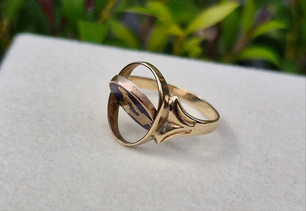 9ct Gold Rare Secret Flip Enamel Freemason Ring - Size S